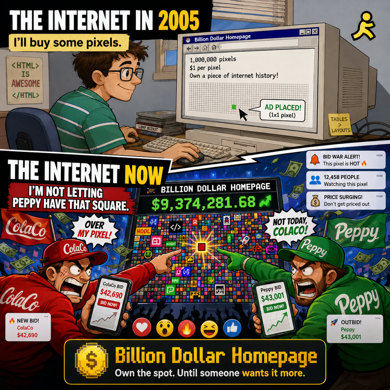 Side-by-side comparison of two internet experiences: a clunky slow webpage in 2005 versus a modern infinite scroll content feed on a smartphone.