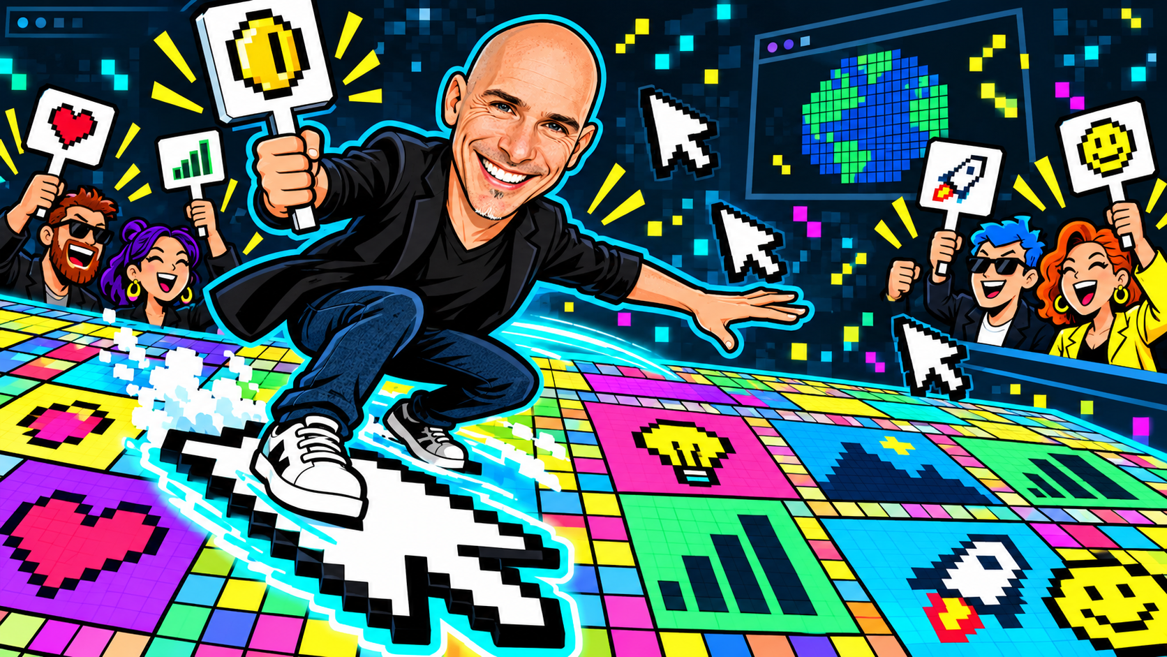 Cartoon illustration of a bald man in a black shirt leaping across a multicoloured pixel grid surrounded by people holding pixel-art signs (heart, dollar, gear, smiley, cursor), with a pixel globe and chart icons in the background.